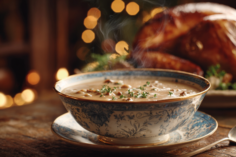 A beautiful antique serving bowl filled with rich, creamy homemade giblet gravy, featuring visible chunks of giblets and egg, on a holiday table.