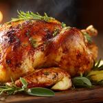 The star of the show: the final result of this perfect oven roasted turkey recipe, gleaming on a festive holiday table.