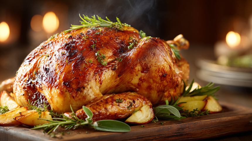 The star of the show: the final result of this perfect oven roasted turkey recipe, gleaming on a festive holiday table.