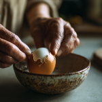 A woman's gentle hands peeling a perfect hard boiled egg over a rustic wooden bowl, with the shell coming off in one clean piece.