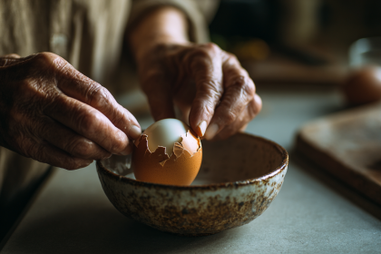A woman's gentle hands peeling a perfect hard boiled egg over a rustic wooden bowl, with the shell coming off in one clean piece.