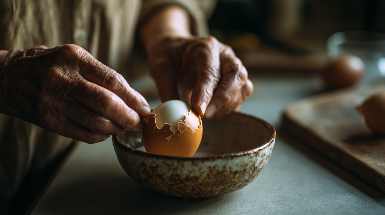 A woman's gentle hands peeling a perfect hard boiled egg over a rustic wooden bowl, with the shell coming off in one clean piece.