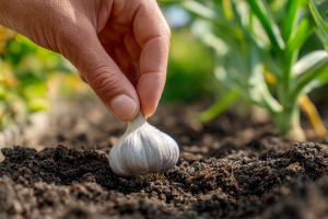 A close-up instructional photo showing how to grow garlic, with a hand planting a single clove "pointy-side up" into dark, rich garden soil.