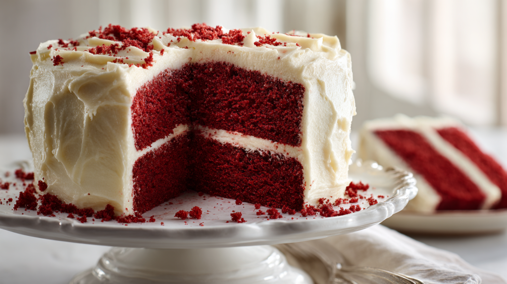 A whole, two-layer red velvet cake with cream cheese frosting on a pedestal, with a perfect slice being lifted to show the moist red crumb.