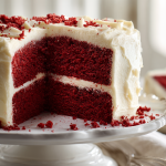 A whole, two-layer red velvet cake with cream cheese frosting on a pedestal, with a perfect slice being lifted to show the moist red crumb.