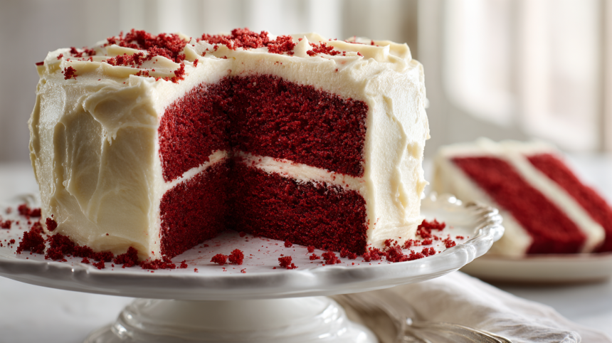 A whole, two-layer red velvet cake with cream cheese frosting on a pedestal, with a perfect slice being lifted to show the moist red crumb.