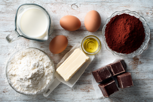 The key ingredients for a red velvet cake recipe, including buttermilk, cocoa, and butter, laid out on a clean white kitchen counter.