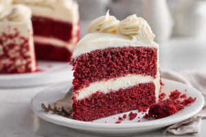 A close-up slice of the ultimate red velvet cake with two moist, deep red layers and thick, tangy cream cheese frosting on a white plate.