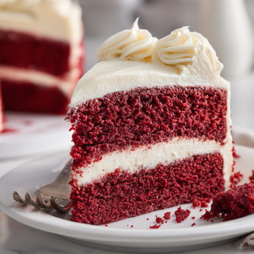 A close-up slice of the ultimate red velvet cake with two moist, deep red layers and thick, tangy cream cheese frosting on a white plate.