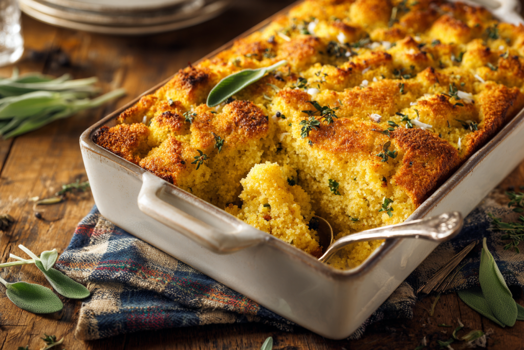 A close-up, delicious-looking scoop of southern cornbread dressing being lifted from a golden-brown casserole, showcasing its moist texture and crispy top.
