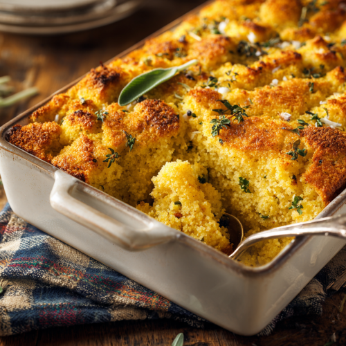 A close-up, delicious-looking scoop of southern cornbread dressing being lifted from a golden-brown casserole, showcasing its moist texture and crispy top.
