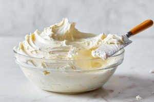 A bowl of thick, tangy cream cheese frosting, perfectly whipped and ready for frosting the red velvet cake.