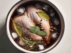 A whole turkey soaking in an iced brine solution, a crucial step in our moist turkey recipe.