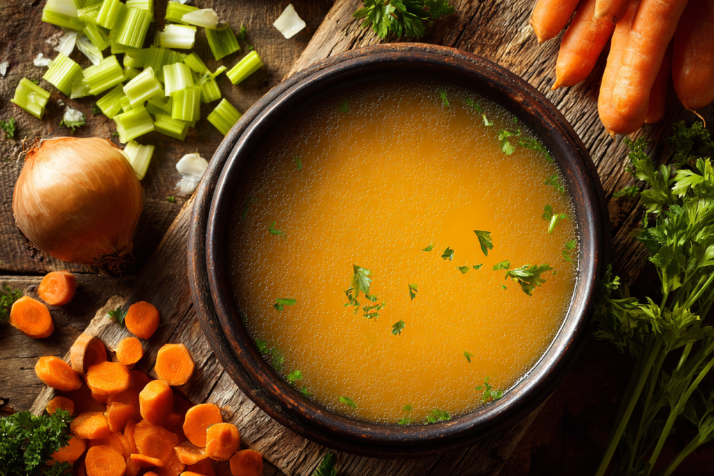 A steaming bowl of homemade golden vegetable broth on a rustic wooden table, surrounded by fresh, colorful chopped vegetables like carrots, celery, and onions.