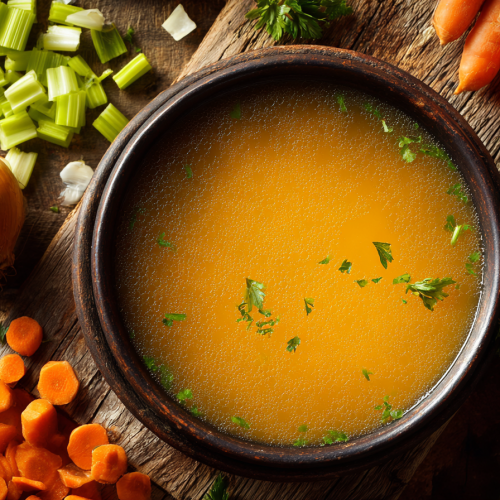 A steaming bowl of homemade golden vegetable broth on a rustic wooden table, surrounded by fresh, colorful chopped vegetables like carrots, celery, and onions.