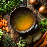 A steaming bowl of homemade golden vegetable broth recipe on a rustic wooden table, surrounded by fresh, colorful chopped vegetables like carrots, celery, and onions.