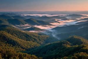 A misty morning view of the rolling, forest-covered Appalachian mountains, home of mountain cooking.