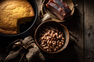 The core staples of Appalachian cooking: a cast-iron skillet of cornbread, a bowl of pinto beans, and cured pork fatback.