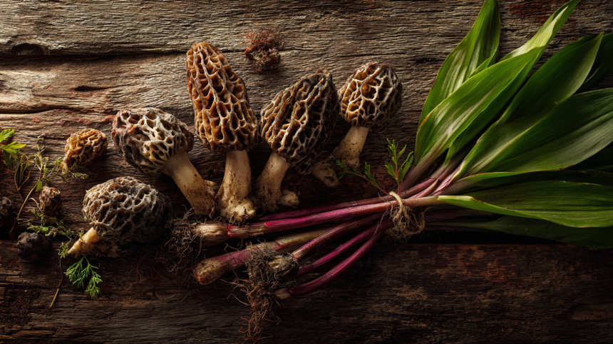 A rustic wooden table with a bounty of foraged goods, illustrating a guide to what is foraging.
