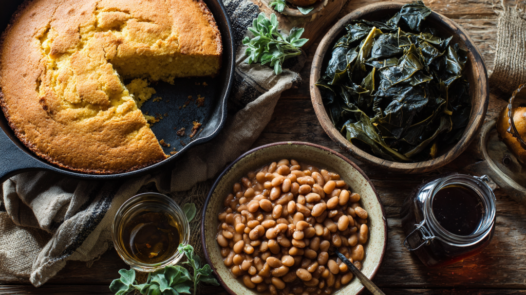 A rustic table with Appalachian cooking staples like cast-iron cornbread, soup beans, and greens.