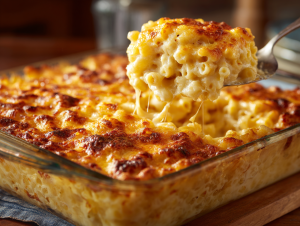 A bubbly, baked Southern macaroni and cheese in a casserole dish.