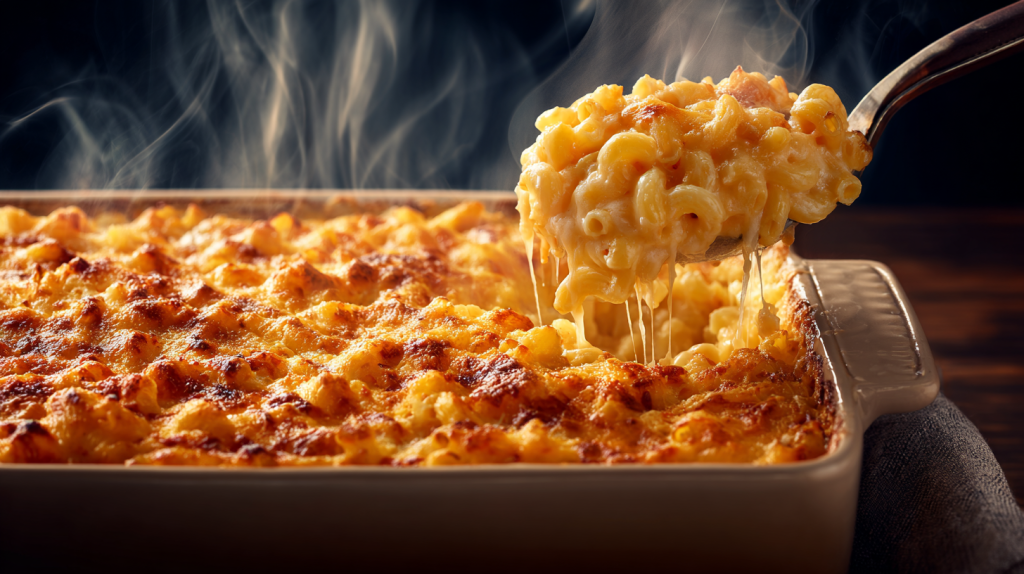 A baking dish of mac and cheese with a browned, bubbly cheese crust.