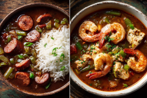 Two bowls of gumbo: a dark, rustic Cajun chicken-and-sausage gumbo next to a lighter, reddish Creole seafood gumbo.