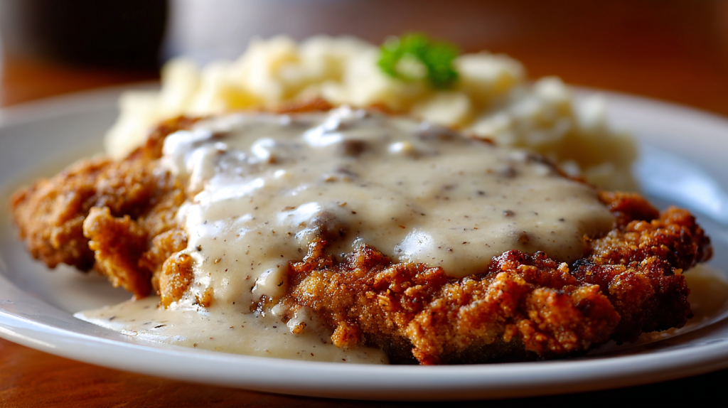 Golden fried cube steak smothered in white pepper milk gravy.