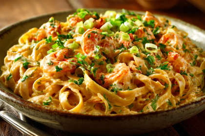 A large serving bowl of the finished Crawfish Fettuccine Recipe, looking rich and creamy and garnished with fresh parsley.