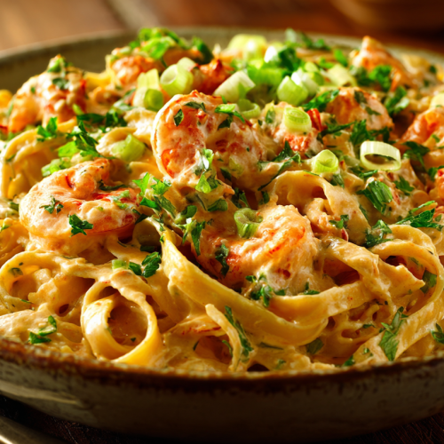 A large serving bowl of the finished Crawfish Fettuccine Recipe, looking rich and creamy and garnished with fresh parsley.