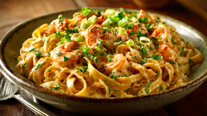 A large serving bowl of the finished Crawfish Fettuccine Recipe, looking rich and creamy and garnished with fresh parsley.