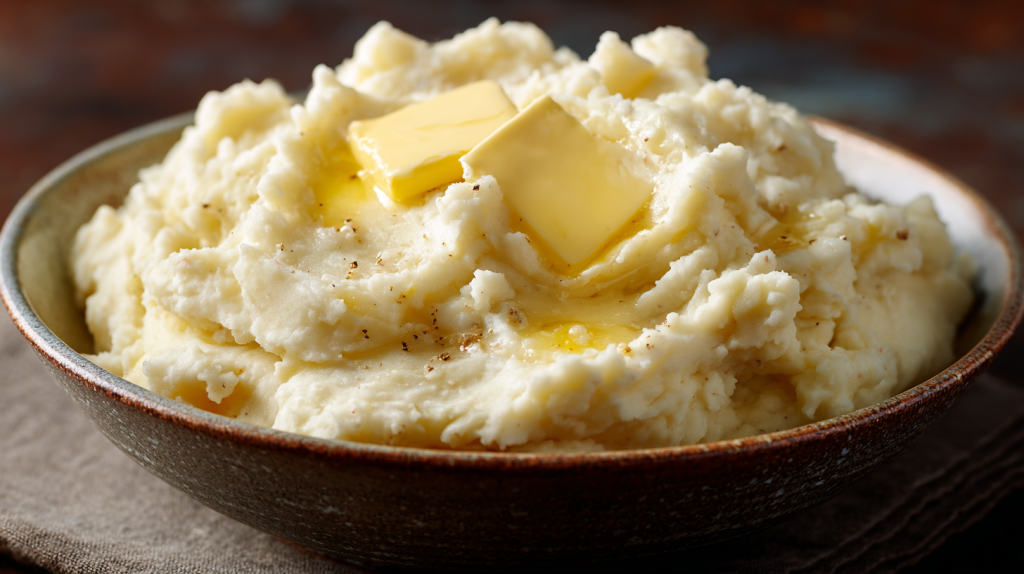 A bowl of fluffy white mashed potatoes topped with melting butter and cracked black pepper.
