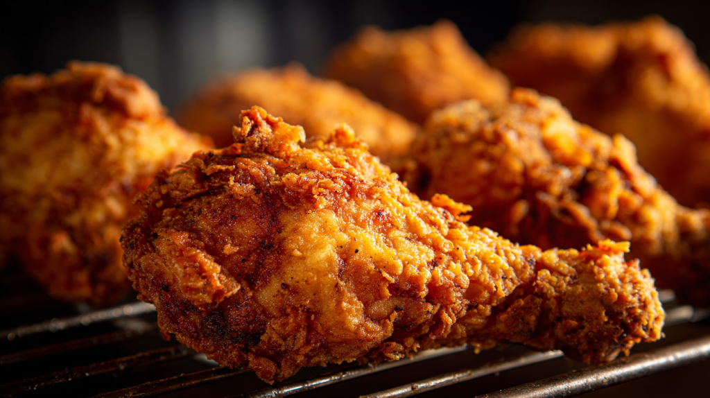 Pieces of golden brown fried chicken resting on a wire rack to maintain crispiness.