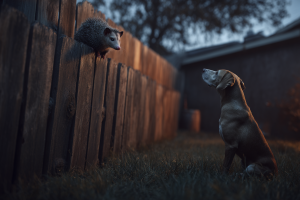 A curious hound dog looking at a possum on a wooden fence from a safe distance in a backyard.