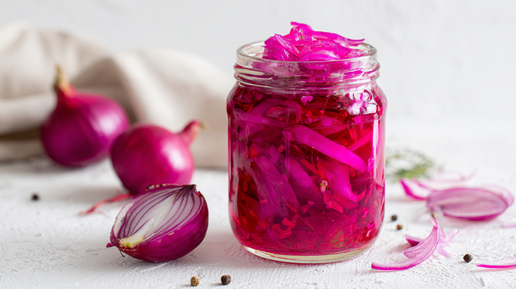 Finished vibrant pickled red onions in a mason jar