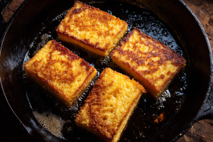 Thick slices of golden-brown fried cornmeal mush sizzling in bacon grease in a black cast-iron skillet, a classic "second meal" recipe.