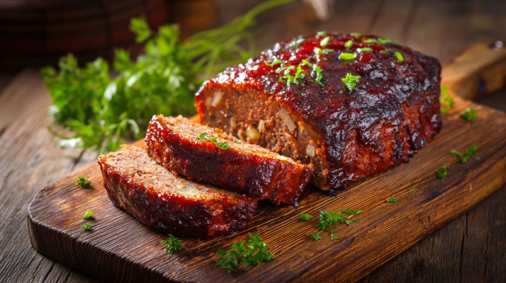 Sliced meatloaf with a sticky tomato glaze on a wooden cutting board.
