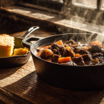 A beautiful, rustic bowl of traditional possum stew with vegetables, next to a piece of cornbread, representing a classic Appalachian meal.