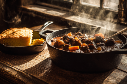 A beautiful, rustic bowl of traditional possum stew with vegetables, next to a piece of cornbread, representing a classic Appalachian meal.