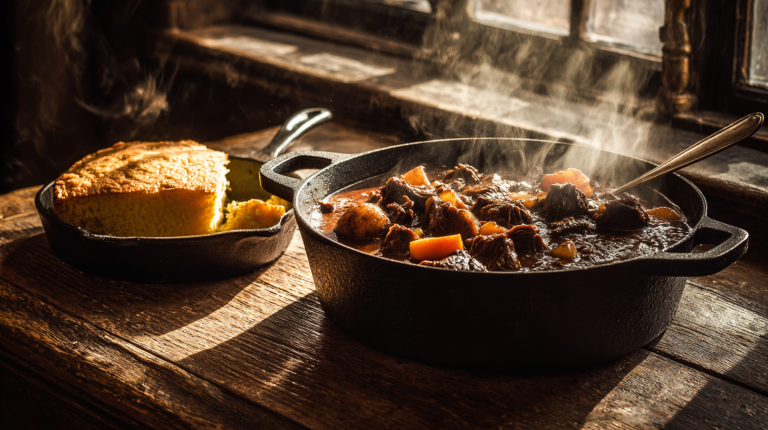 A beautiful, rustic bowl of traditional possum stew with vegetables, next to a piece of cornbread, representing a classic Appalachian meal.