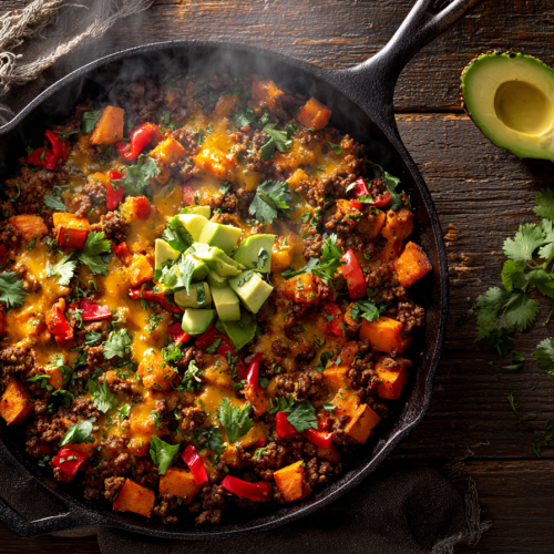 A close-up of a southwest ground beef and sweet potato skillet in a cast iron pan, topped with melted cheese, fresh cilantro, and sliced avocado.