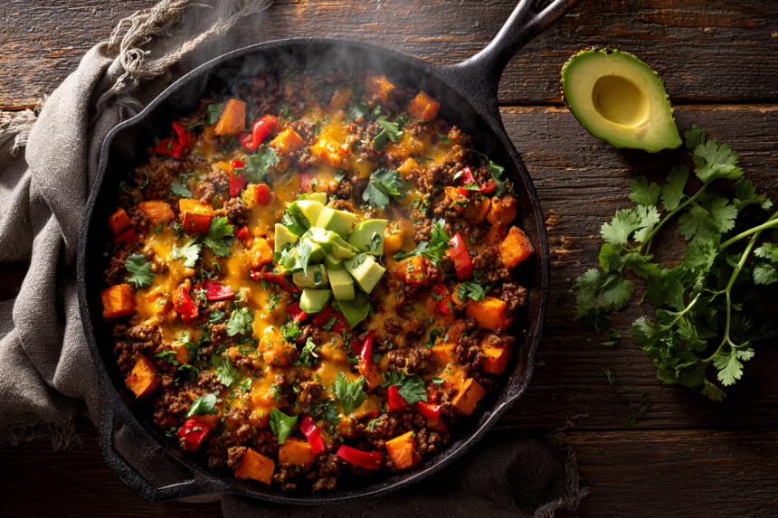 A close-up of a southwest ground beef and sweet potato skillet in a cast iron pan, topped with melted cheese, fresh cilantro, and sliced avocado.