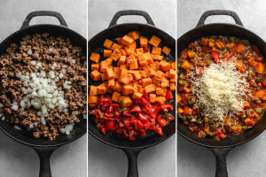 Step-by-step process for making the ground beef and sweet potato skillet.