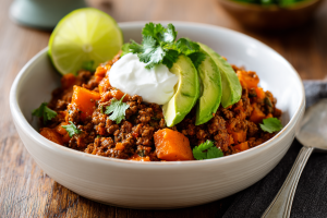 A serving of the healthy ground beef and sweet potato recipe in a white bowl, topped with avocado and yogurt.