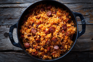 A cast-iron pot filled with vibrant, fluffy Gullah Geechee Red Rice, a cornerstone of The Many Souths heritage.
