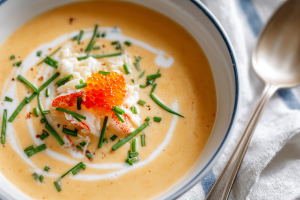 A close-up of a steaming, creamy, orange-tinted bowl of classic Lowcountry She-Crab Soup, topped with chives.