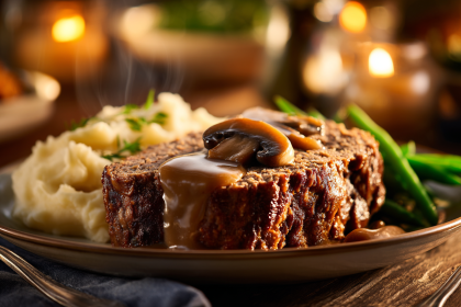 Juicy meatloaf recipe with gravy served on a rustic table
