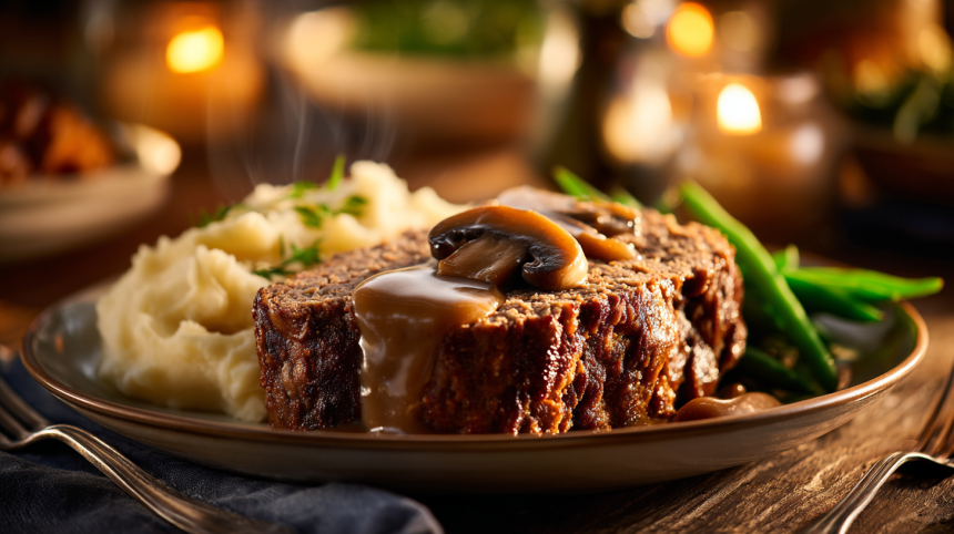 Juicy meatloaf recipe with gravy served on a rustic table
