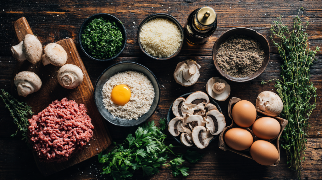 Raw ground beef, fresh herbs, breadcrumbs, sauce, and mushrooms for meatloaf.