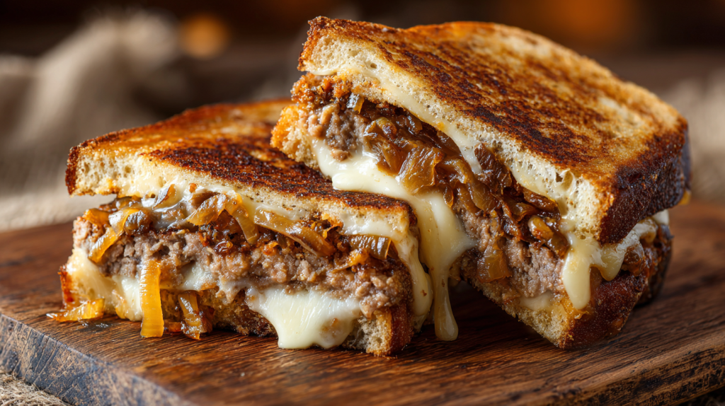 Grilled meatloaf and cheese sandwich on sourdough bread.